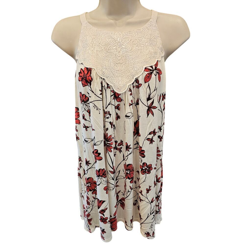 Anthropologie cottagecore linen blend Tank Top tunic XS Ivory Floral Lace Yoke